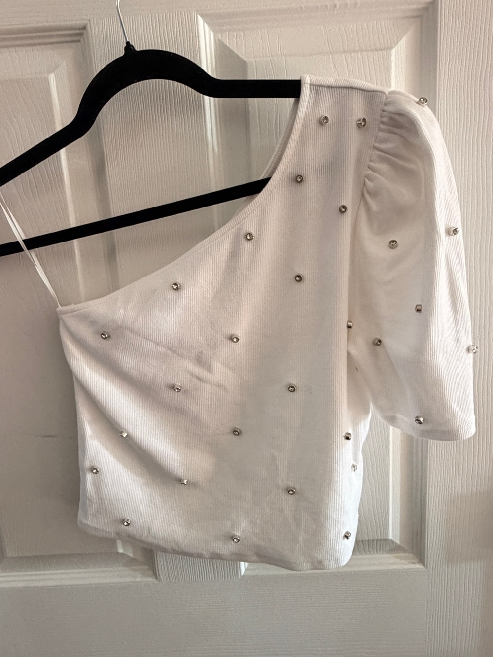 Express White Rhinestone Ribbed One Shoulder Puff Sleeve Top M